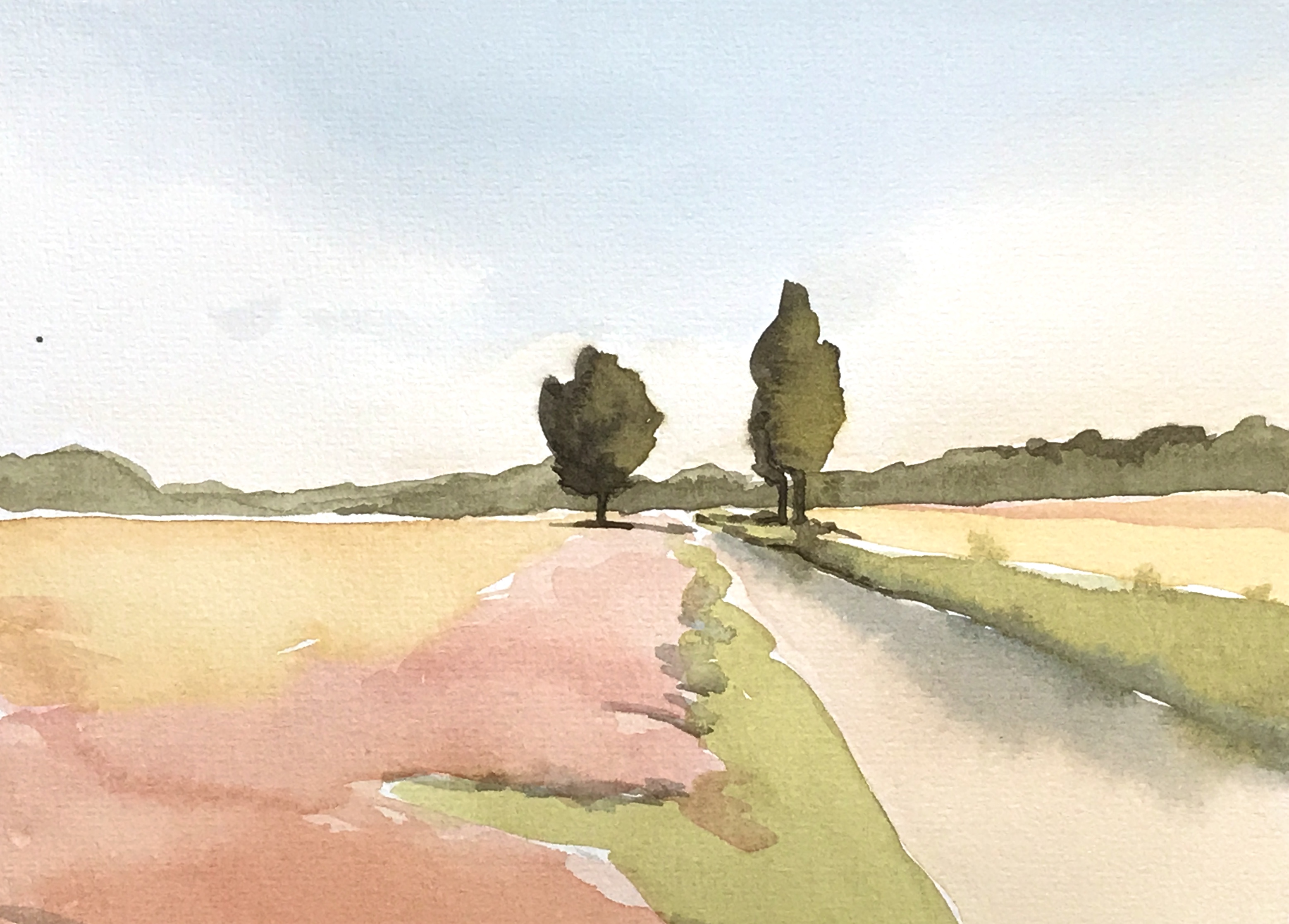 Aquarell: Baeume in Landschaft