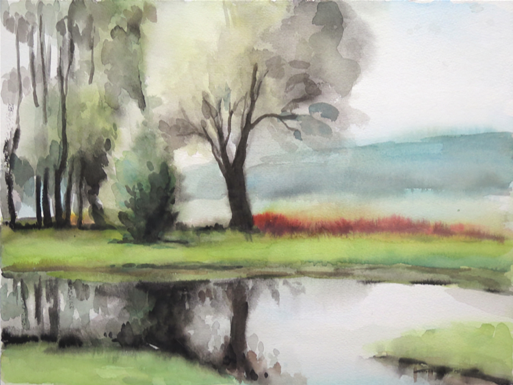 Aquarell: Baum am See